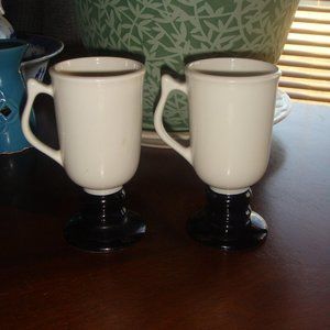 2 Vintage HALL Black White Ceramic PEDESTAL IRISH COFFEE MUGS CUPS 1272